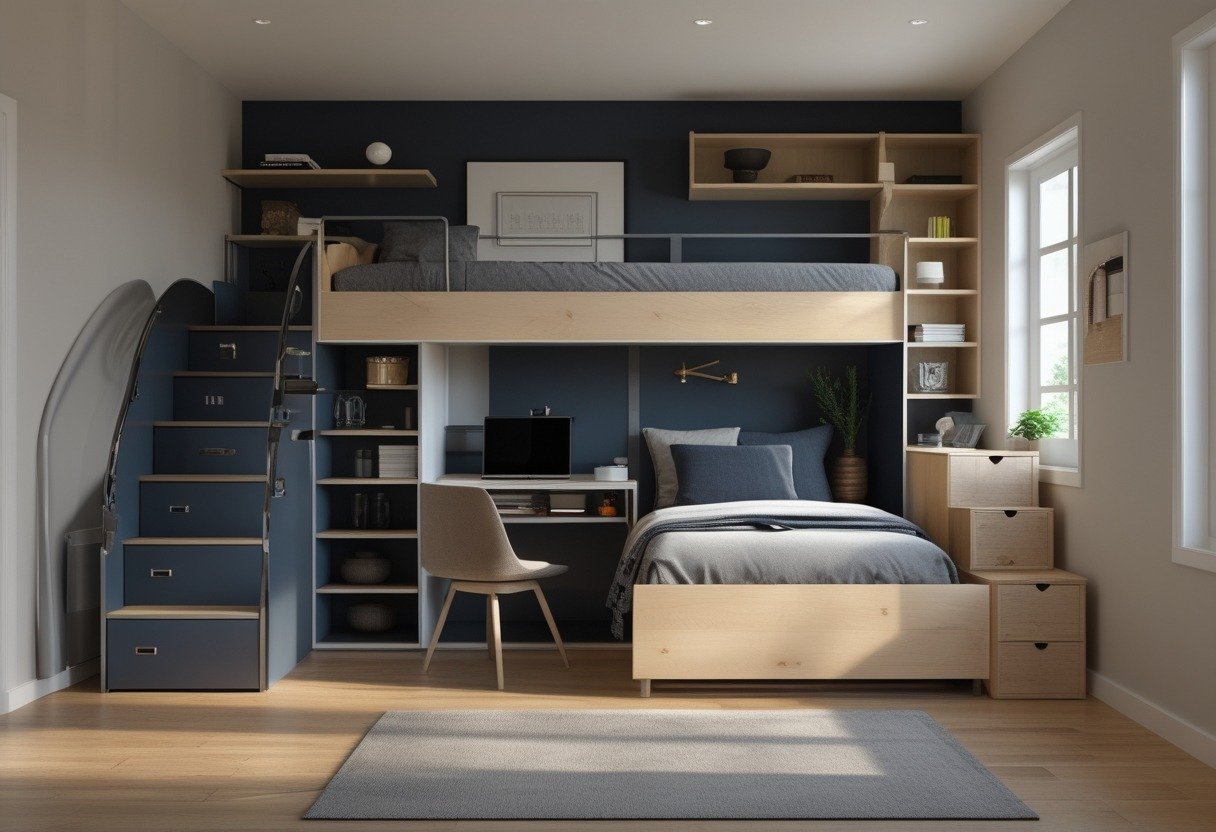A small men's bedroom with a loft bed that has a desk and storage space underneath, arranged neatly with a laptop and books.