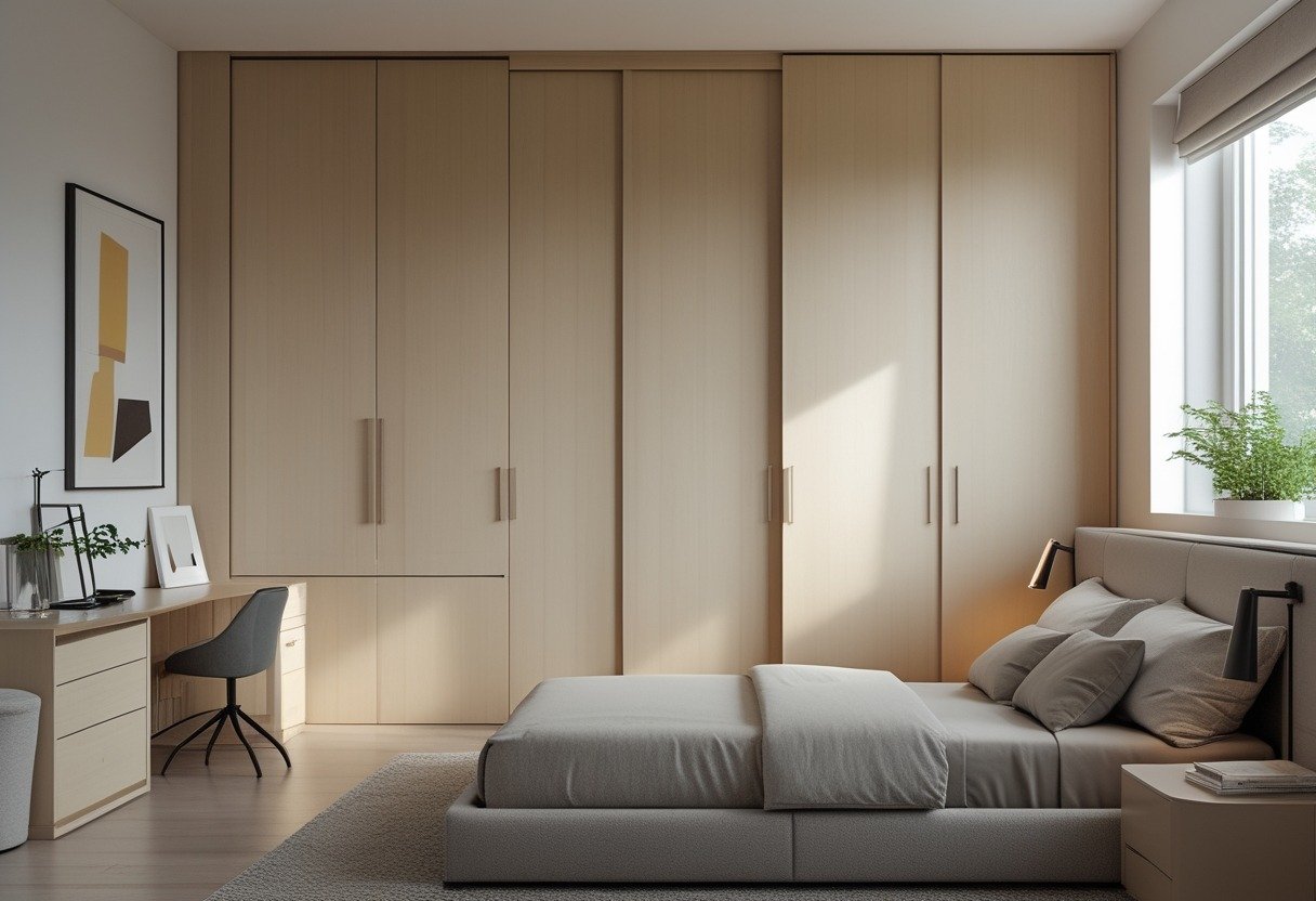 A small men's bedroom with a built-in floor-to-ceiling wardrobe with sliding doors, a bed, bedside table, and natural light coming through a window.