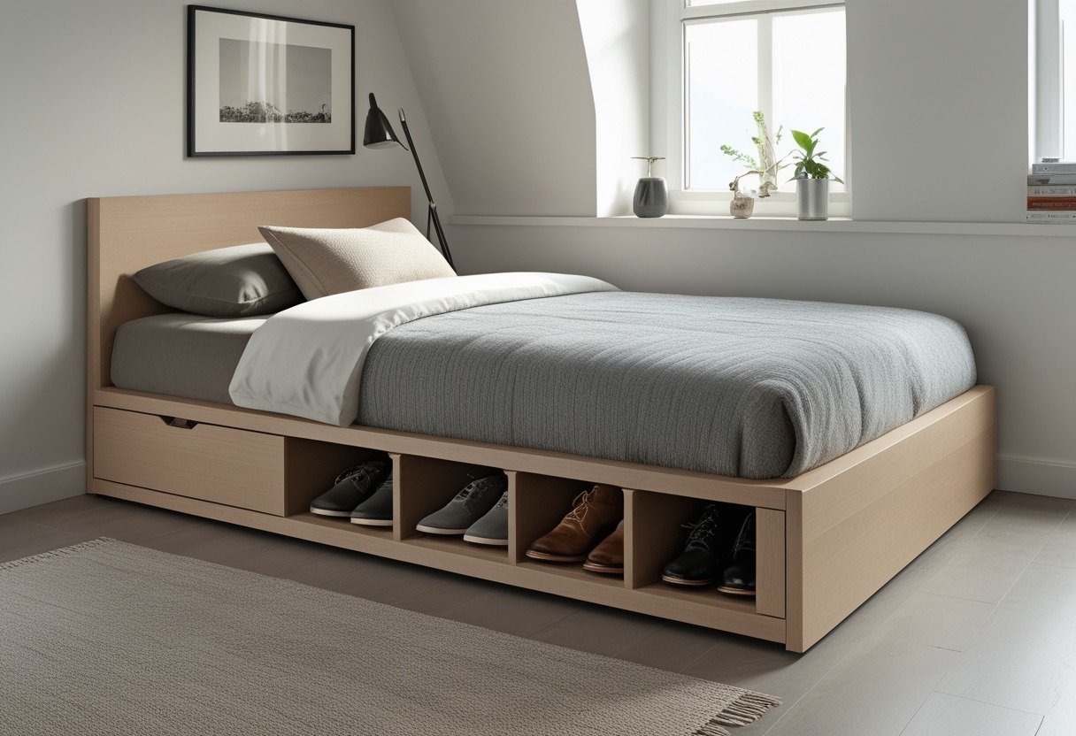 A small men's bedroom with a platform bed featuring under-bed drawers and shoe cubbies, neatly organized and well-lit.