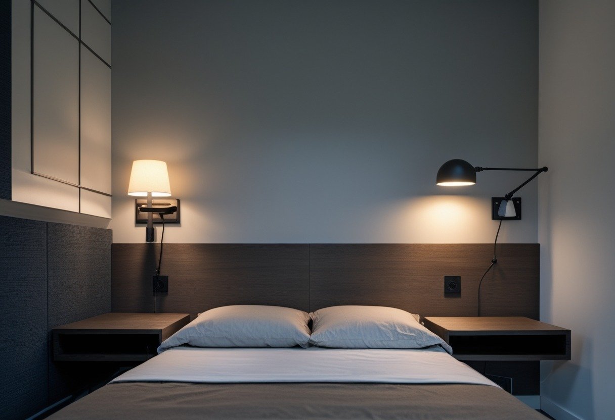 A men's bedroom with floating nightstands on each side of the bed and a wall-mounted reading lamp above one nightstand.