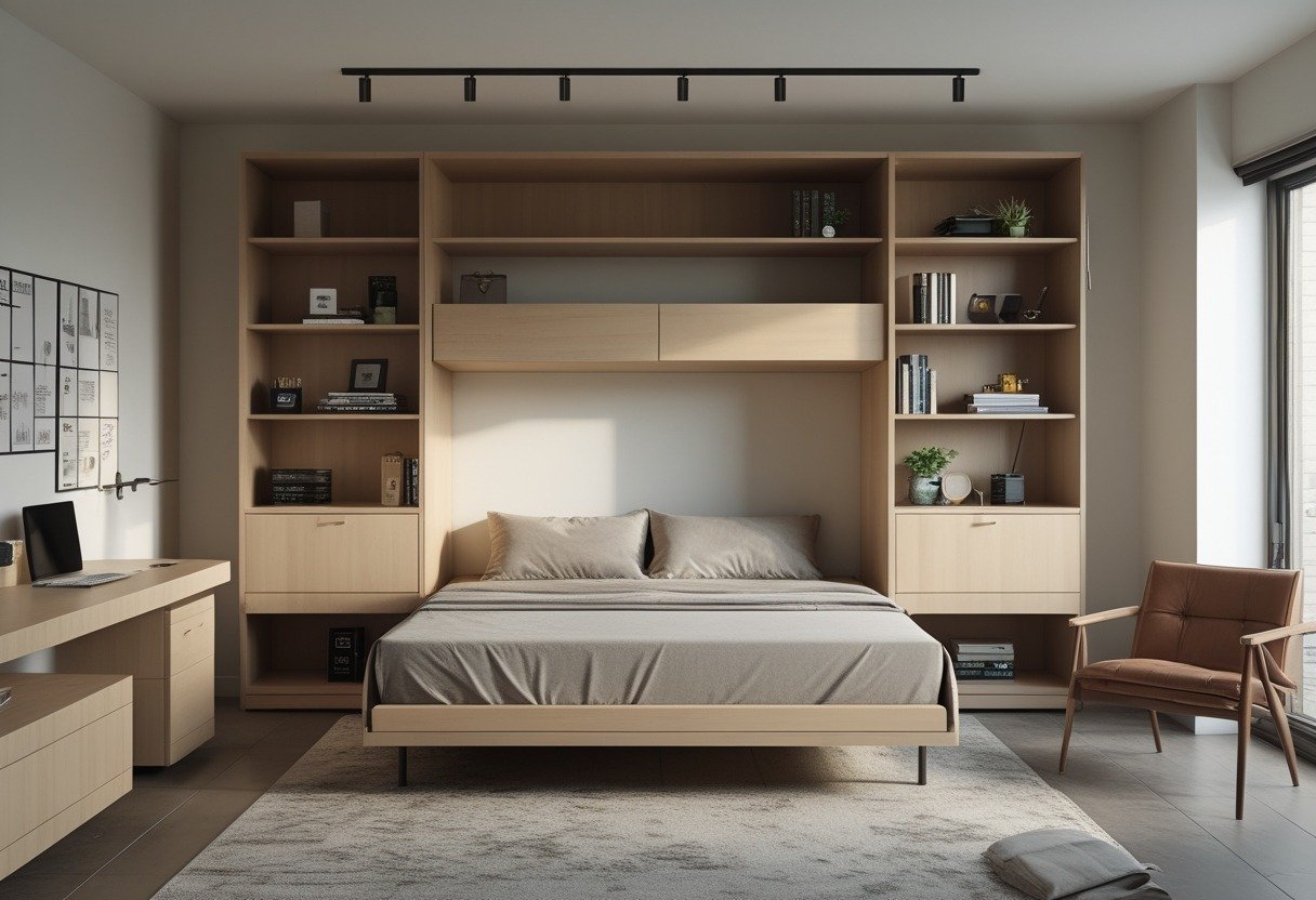 A small men's bedroom with a Murphy bed folded into a shelving unit, featuring books, a chair, and a desk in a compact, organized space.