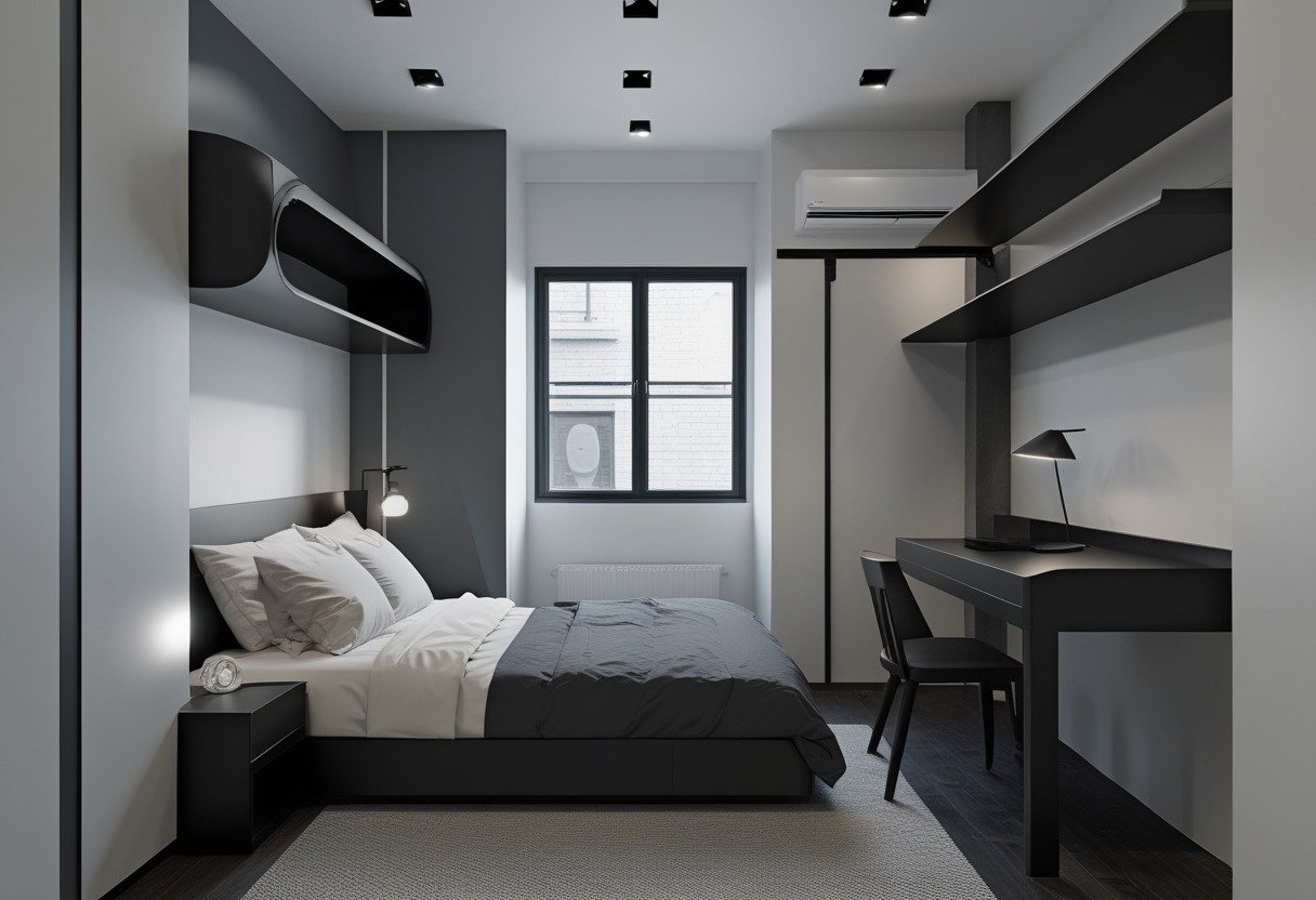 A small men's bedroom with a black bed, bedside tables, shelving, and a window letting in natural light.