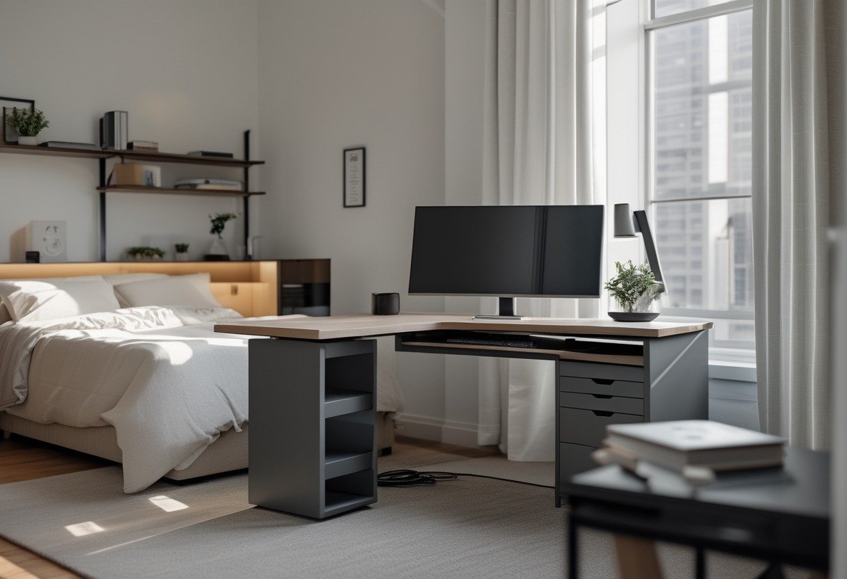 A small bedroom corner with a compact L-shaped desk featuring a cable management grommet, a bed, bookshelf, and a potted plant.