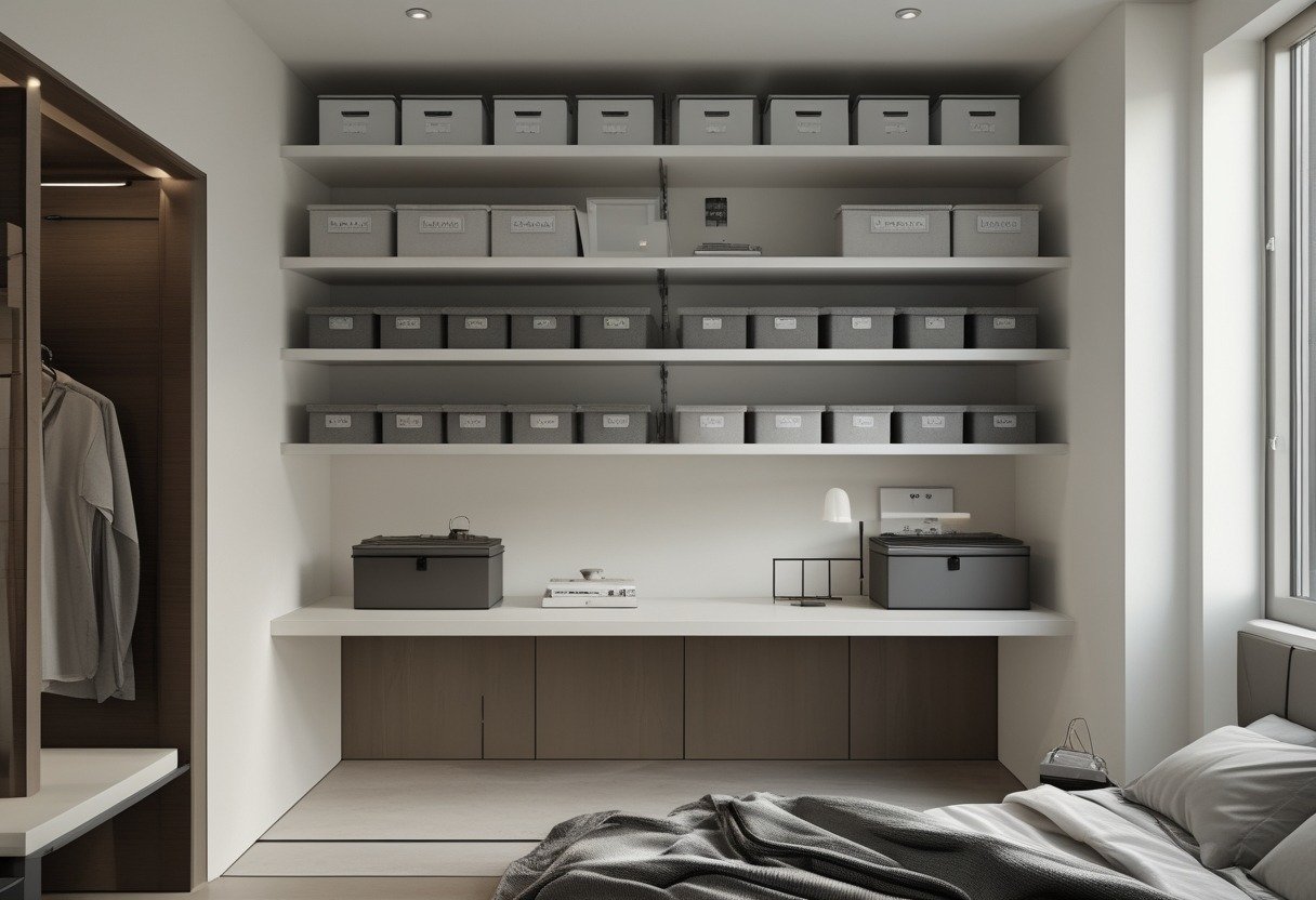 Corner open shelving unit with labeled storage bins in a small men's bedroom.
