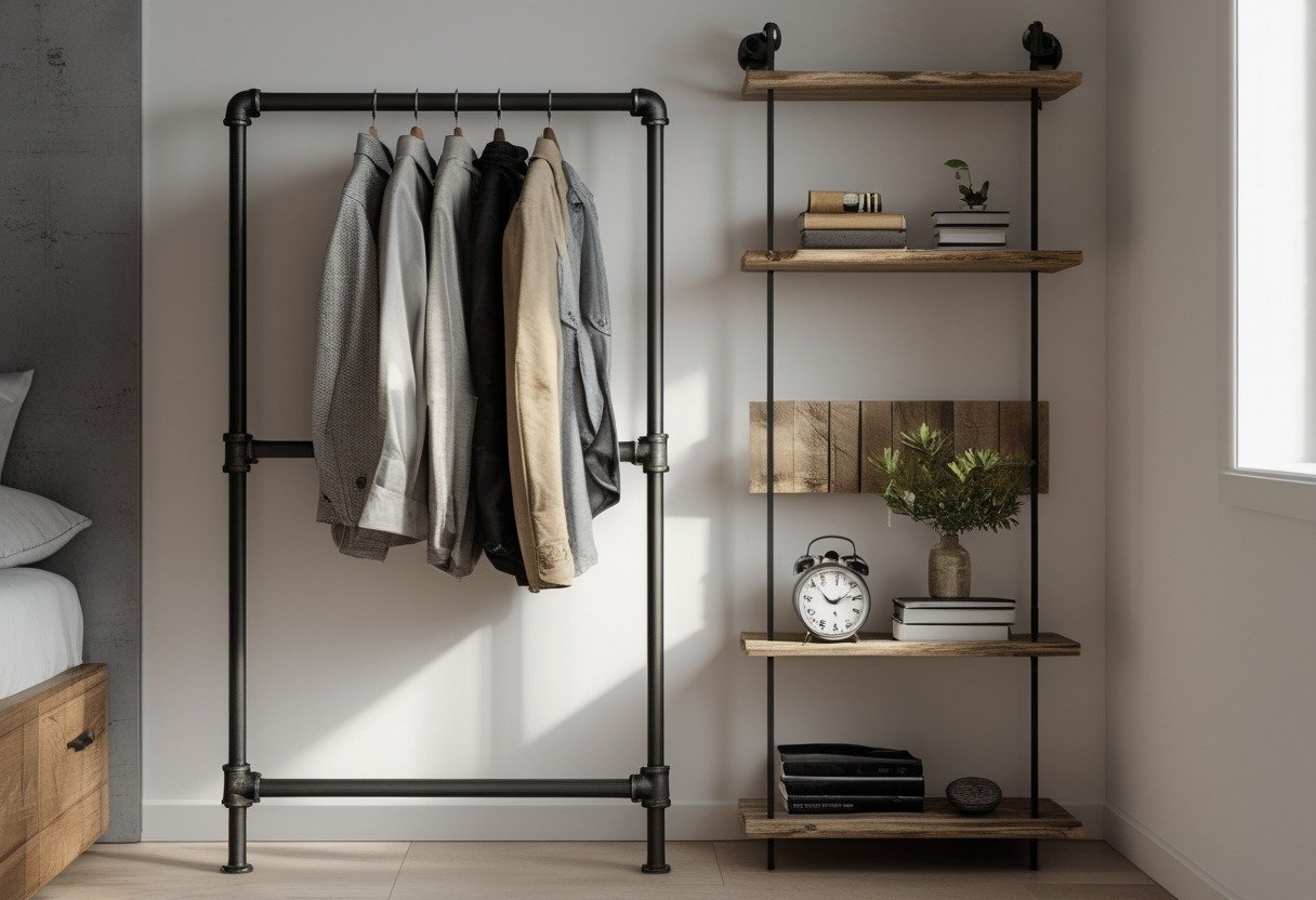 Small men's bedroom corner with an industrial pipe clothing rack and a reclaimed wood shelf holding decor items.
