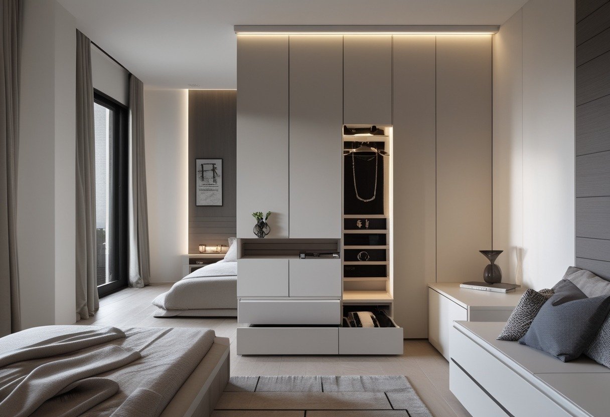 A modern men's bedroom with a full-length mirror that has a hidden drawer containing jewelry and tech gadgets.
