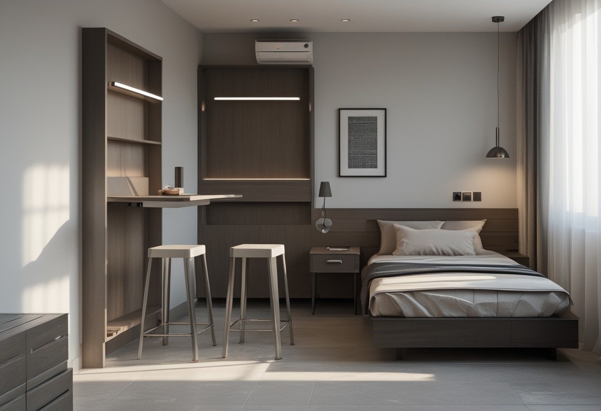 A small men's bedroom with a fold-down wall table used as a breakfast bar, two bar stools, a bed, and natural light coming through a window.