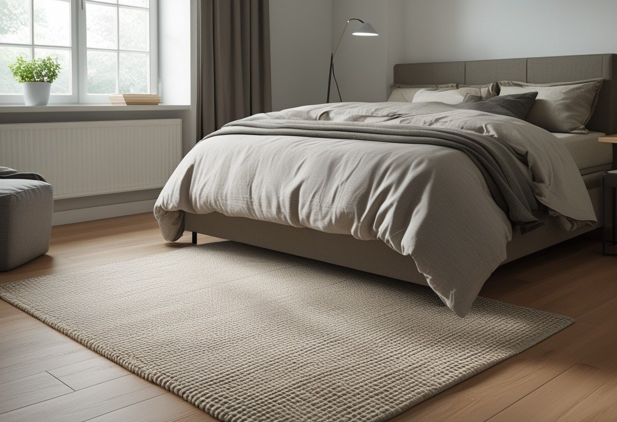 A small men's bedroom with a bed on a neutral textured rug, wooden floor, bedside table, and natural light coming through a window.
