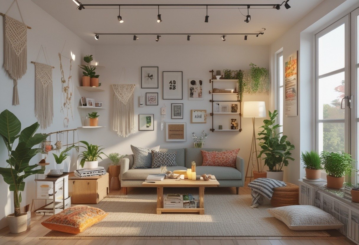 A bright living room featuring various handmade decorations and plants arranged throughout the space.