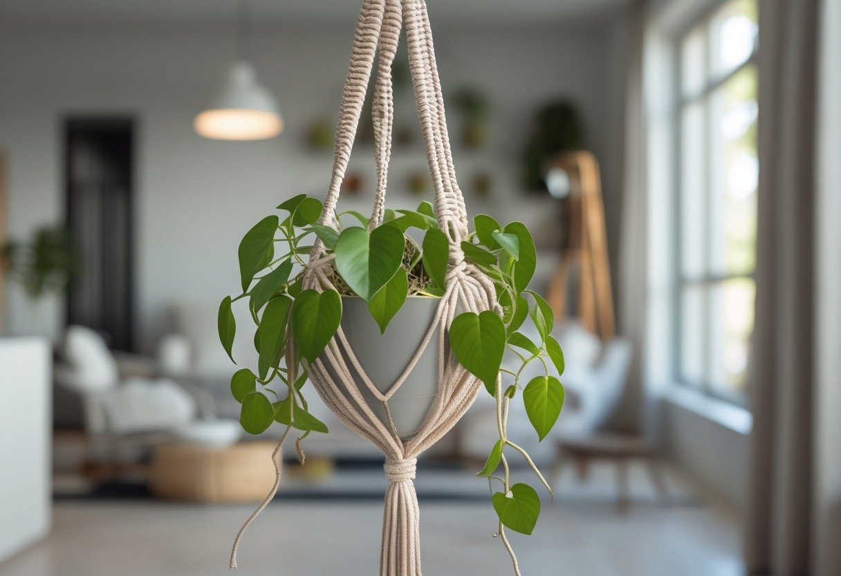 A macramé plant hanger holding a trailing pothos plant hanging indoors near a window in a cozy living room.