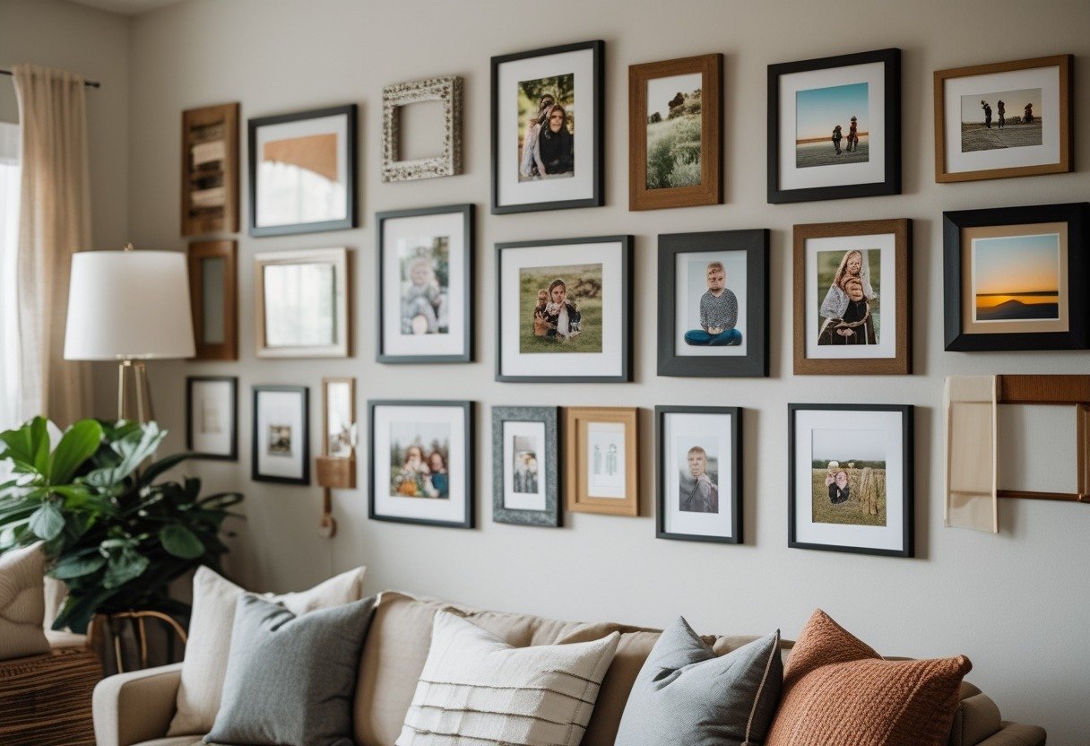 A living room wall decorated with a variety of mismatched picture frames containing printed photos, above a cozy sofa.
