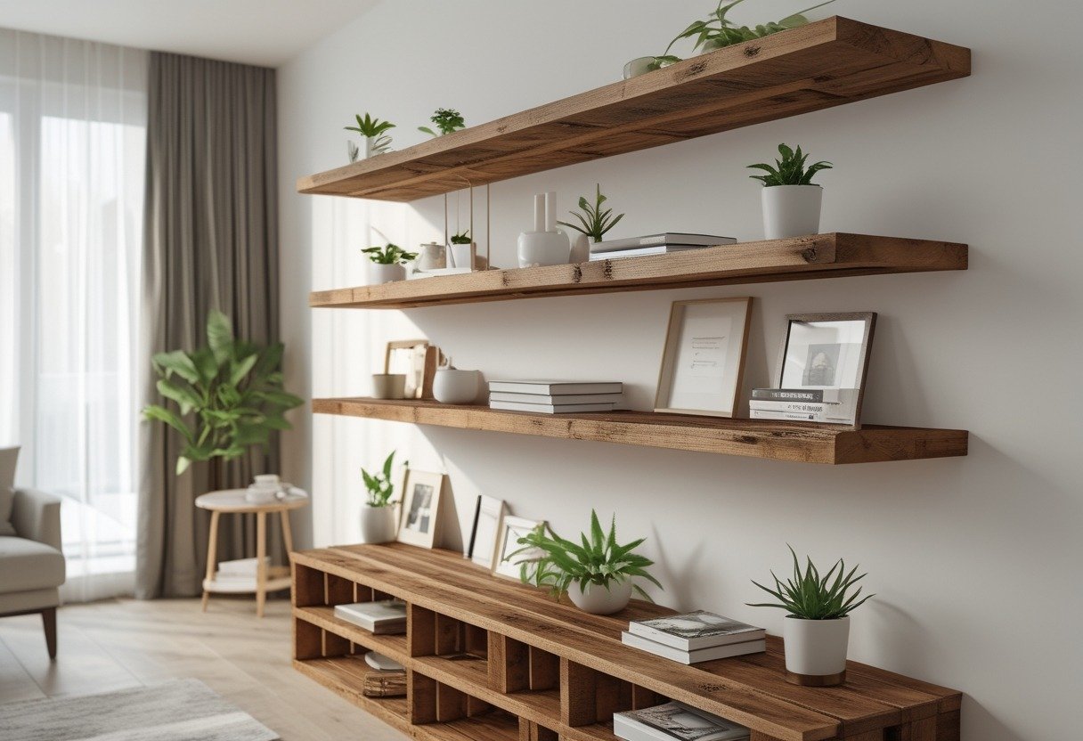 Floating wooden shelves stained walnut mounted on a wall with plants, books, and decorative items in a bright room.