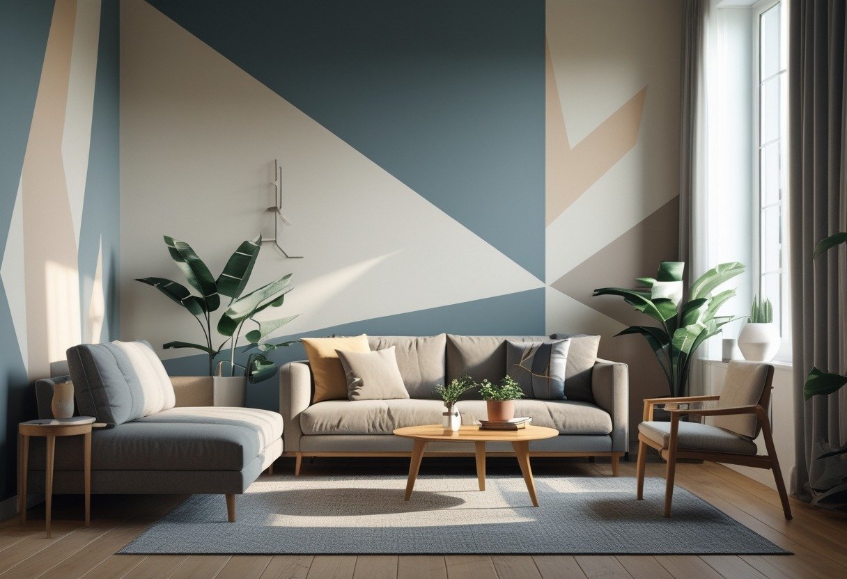 A modern living room with a geometric patterned accent wall and simple furniture illuminated by natural light.