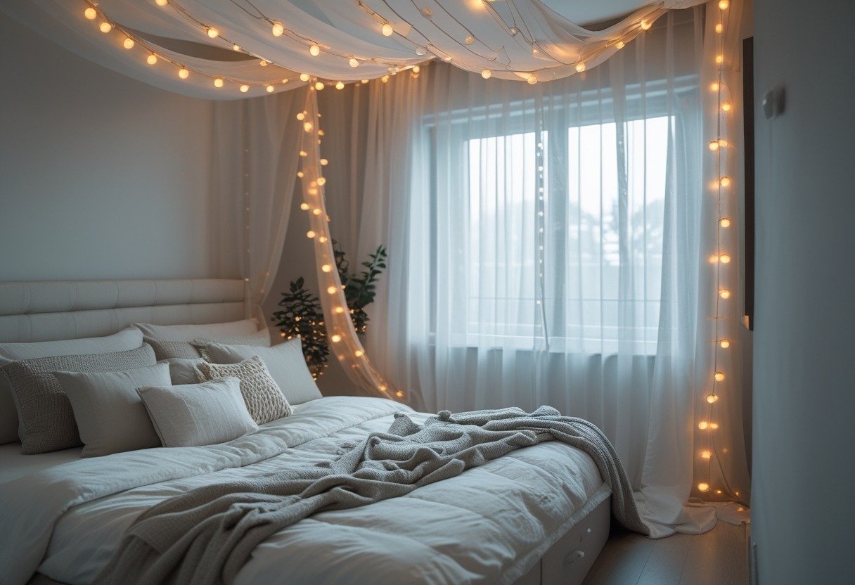 A bedroom with a bed under a canopy of string lights and sheer curtains surrounding it.