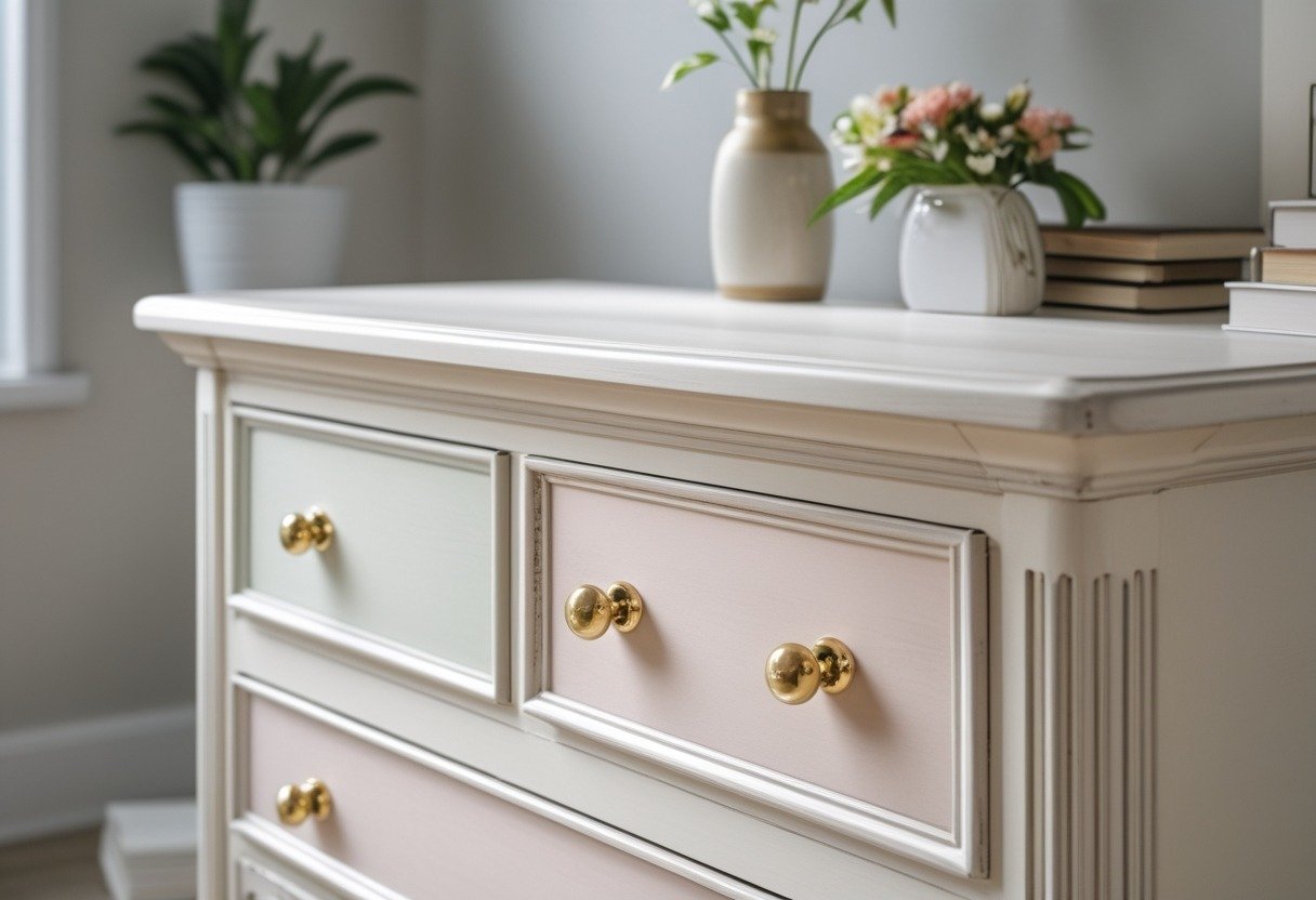 A wooden dresser painted in pastel color with brass knobs in a bright room with plants and decorative items.