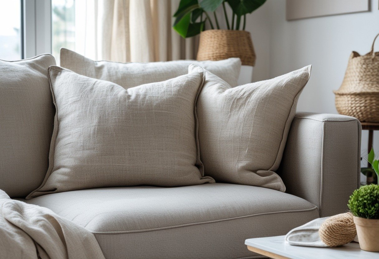 A cozy living room corner with a sofa decorated with linen throw pillows and natural light coming through a window.