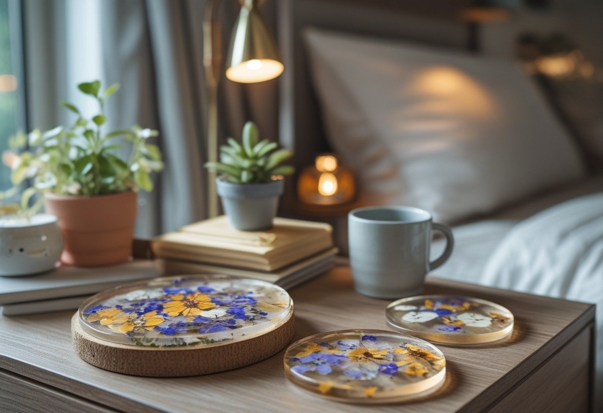 A nightstand with pressed-flower resin coasters, a small plant, a lamp, books, and a mug beside a bed.