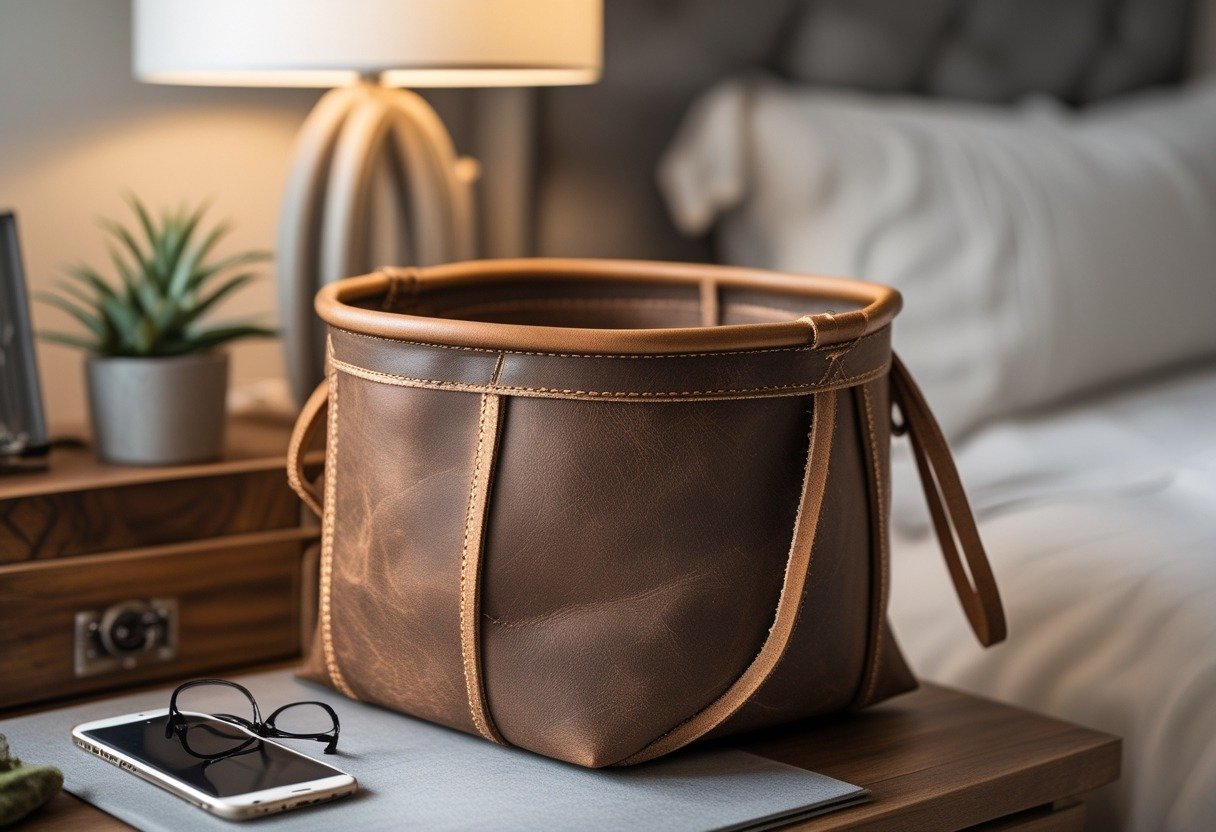 A leather cord bedside catchall on a wooden bedside table next to a lamp, smartphone, and reading glasses in a cozy bedroom.