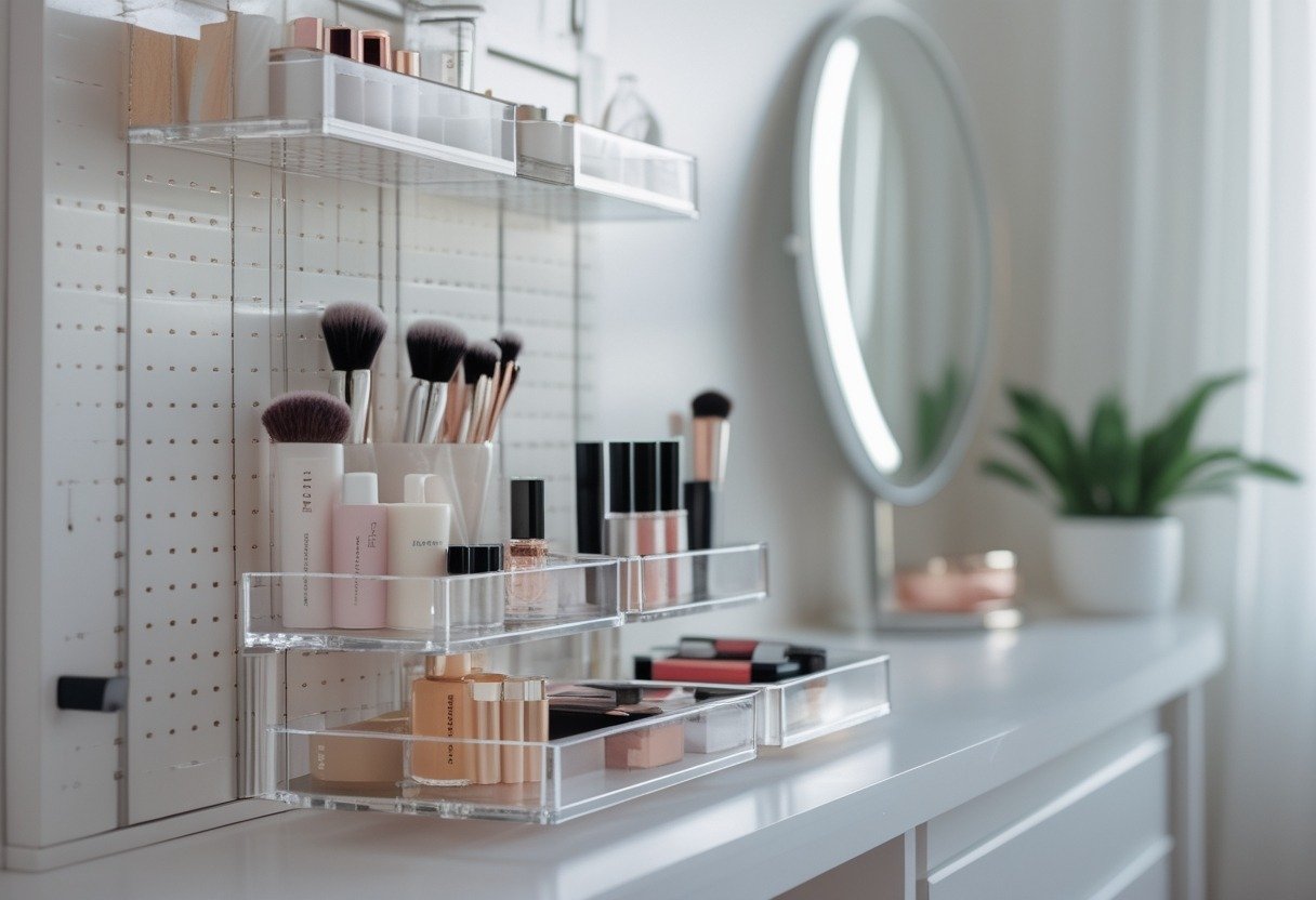 A pegboard vanity organizer with clear acrylic trays holding makeup and beauty products on a wall above a vanity table in a bedroom.