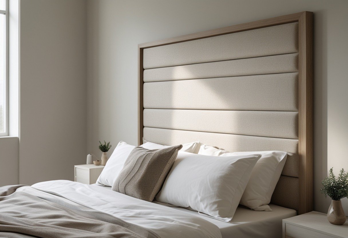 A bedroom with a bed featuring a framed fabric headboard upholstered with foam, white linens, and bedside tables with small plants.
