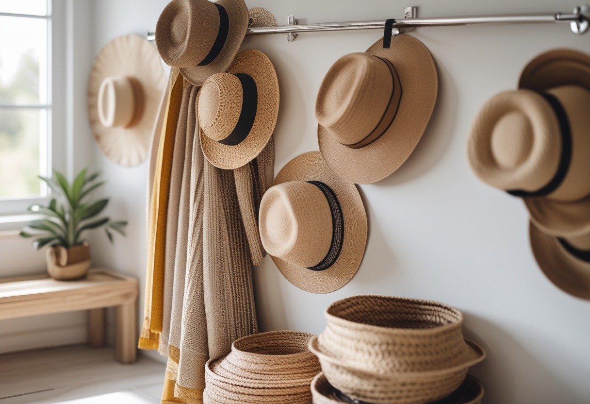 A peg rail on a wall holding hats and woven baskets in a cozy room with natural light.