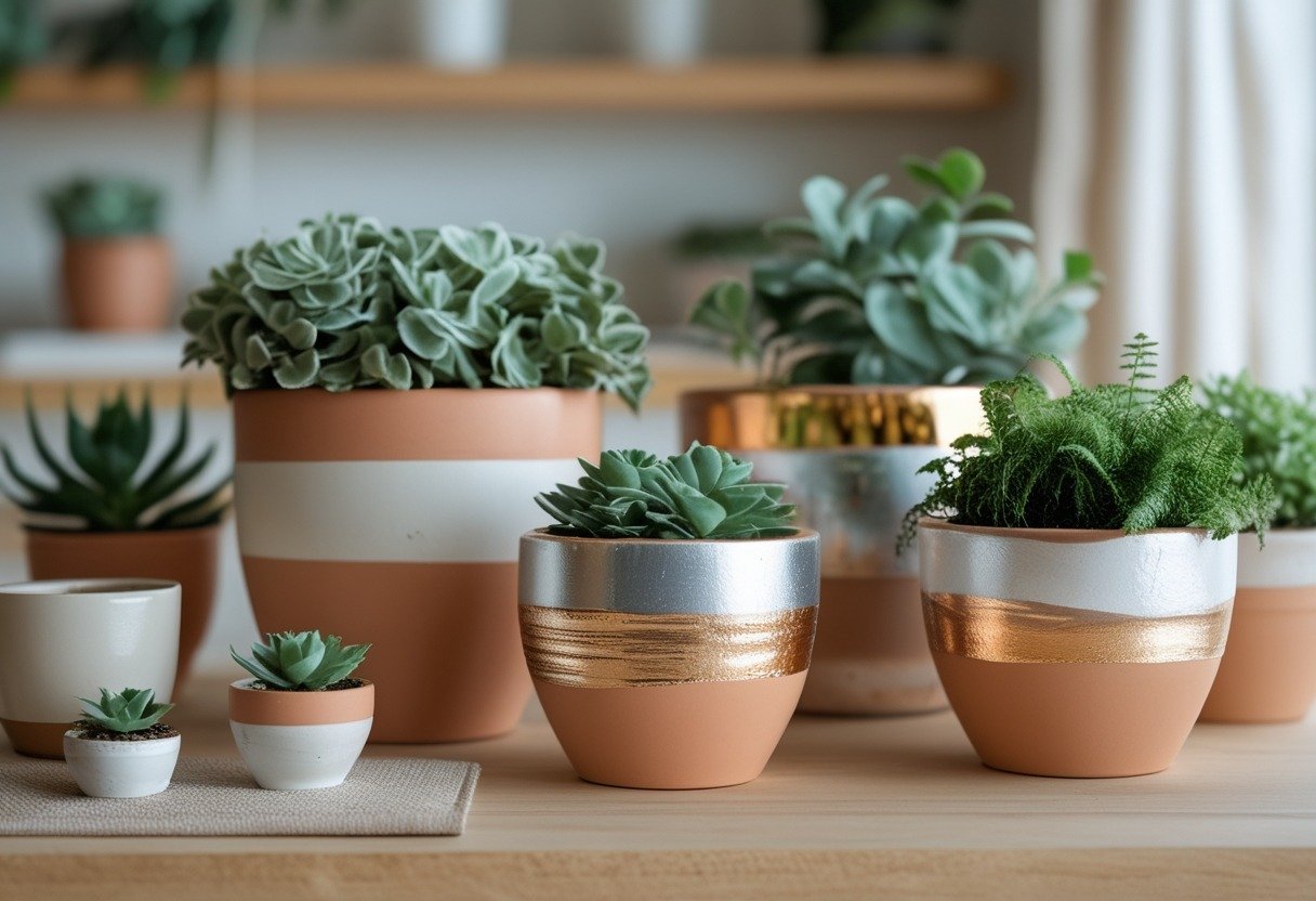 A collection of painted terra-cotta plant pots with metallic dip-dye designs holding green houseplants on a wooden surface in a bright indoor room.