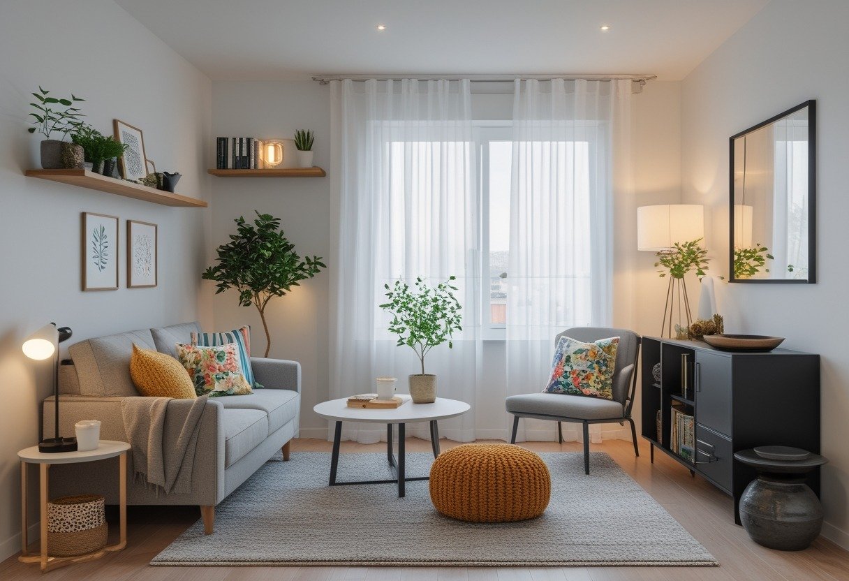 A small living room with a compact sofa, coffee table, plants, shelves, and various decorative items arranged neatly.