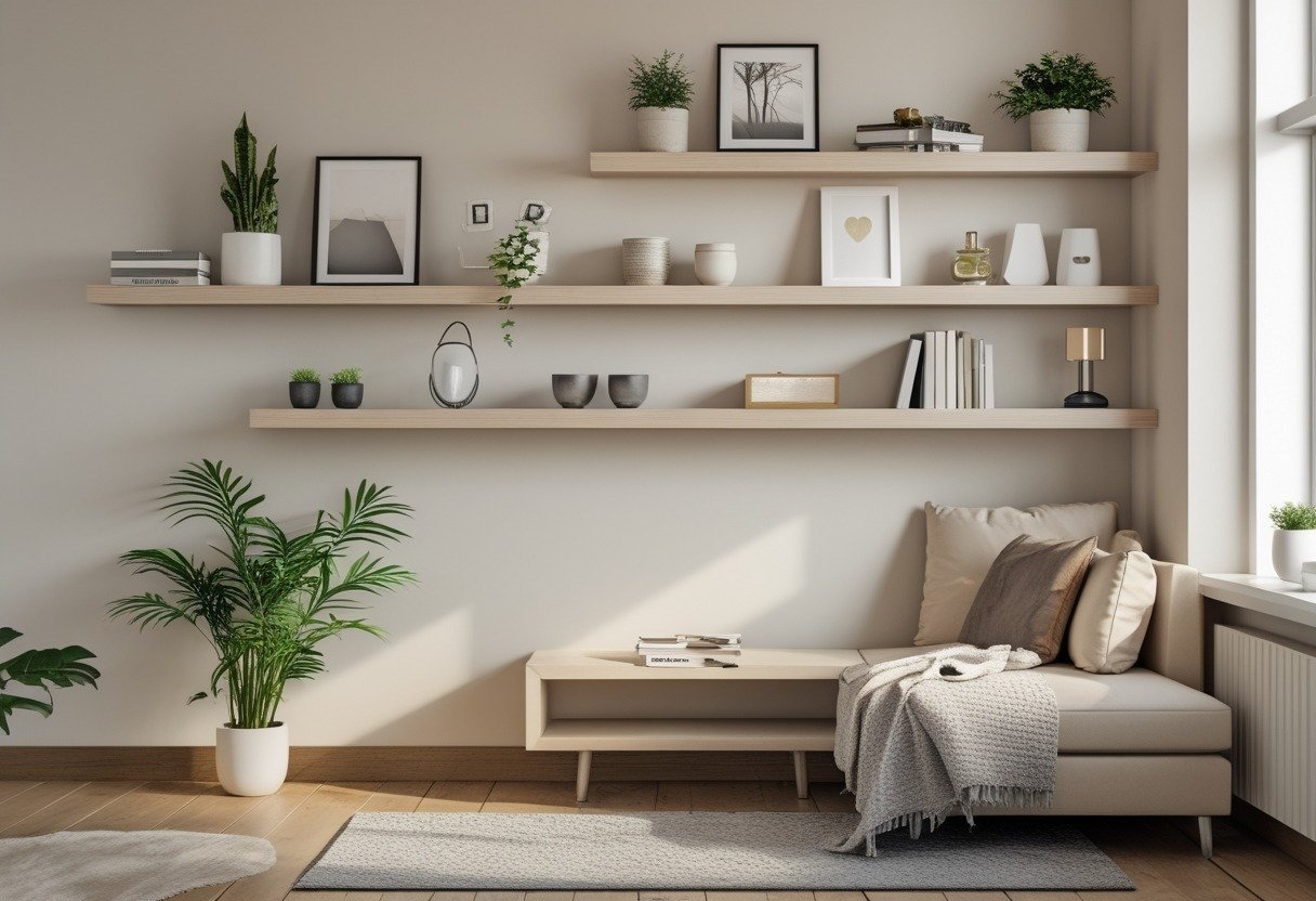Small living room with floating shelves of different heights displaying plants, books, and decor items above a sofa and coffee table.