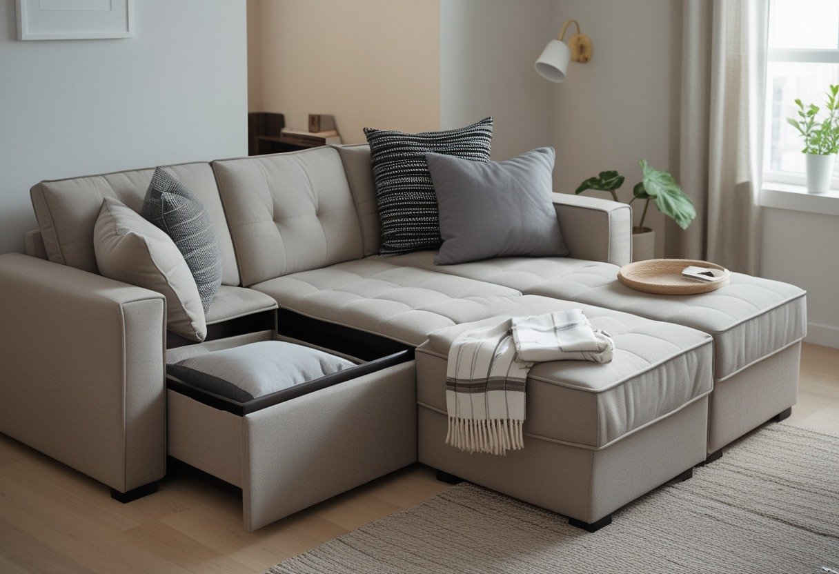 A small living room with a sectional loveseat that has hidden storage compartments, showing blankets and pillows inside.