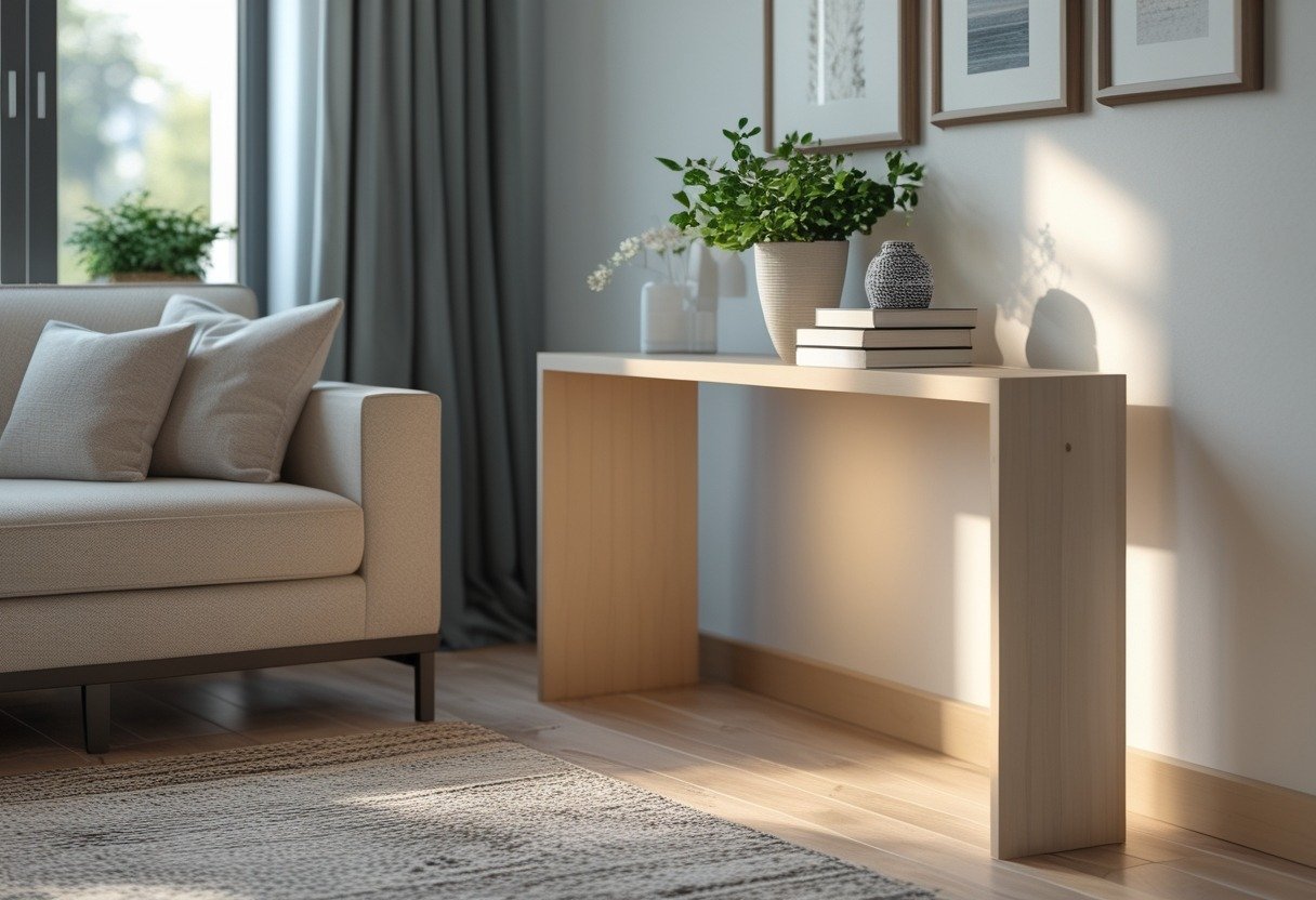 A slim console table behind a sofa in a small living room with decorative items on the table and natural light coming through a window.