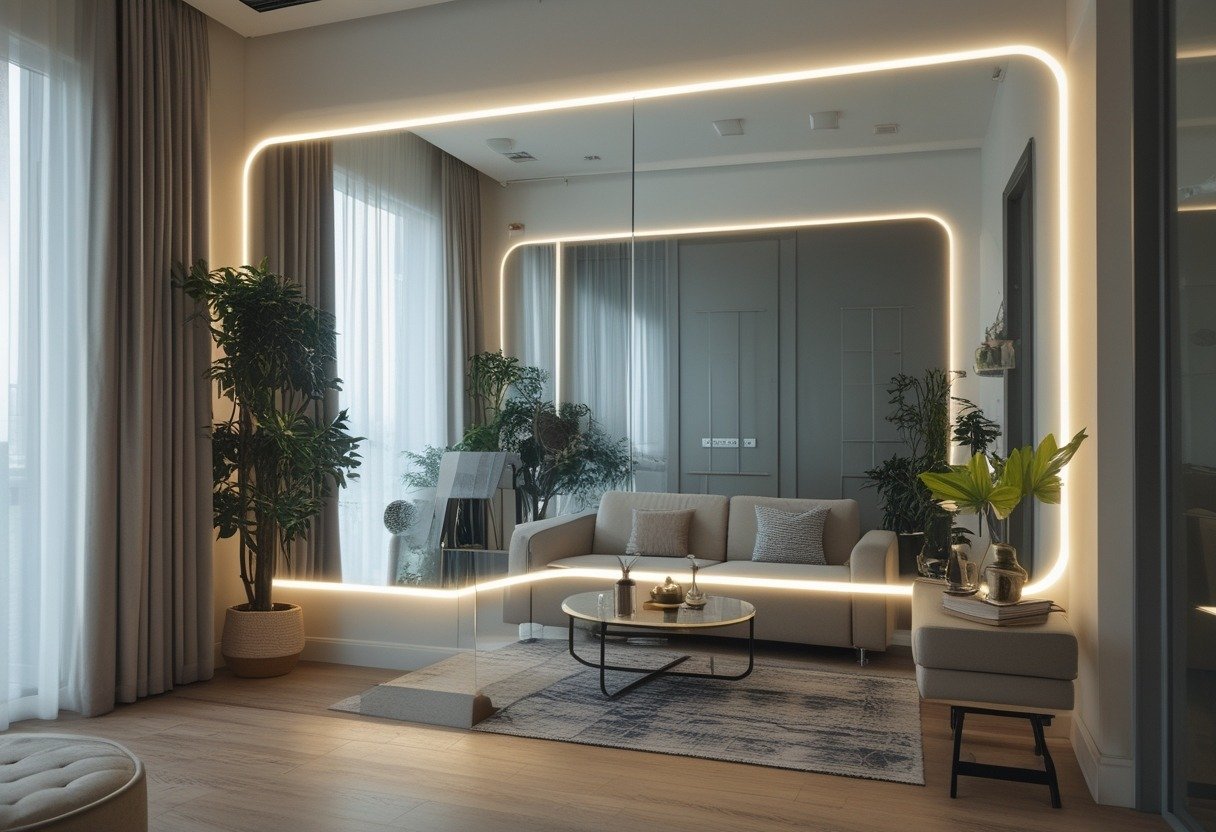 Small living room with a large mirror reflecting light, a sofa, coffee table, and plants.