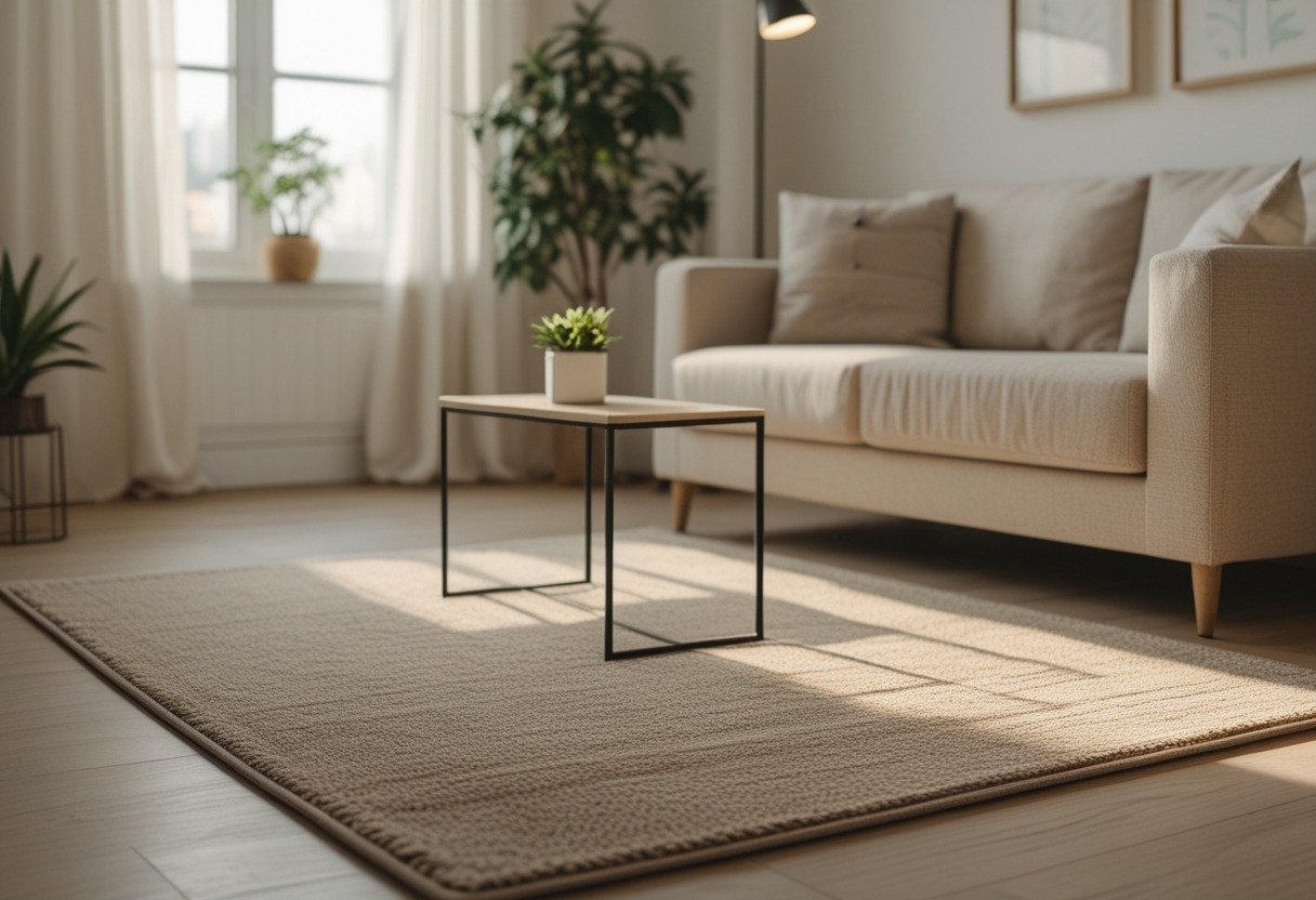 Small living room with a neutral area rug defining the seating area, a sofa, coffee table, and soft natural light.
