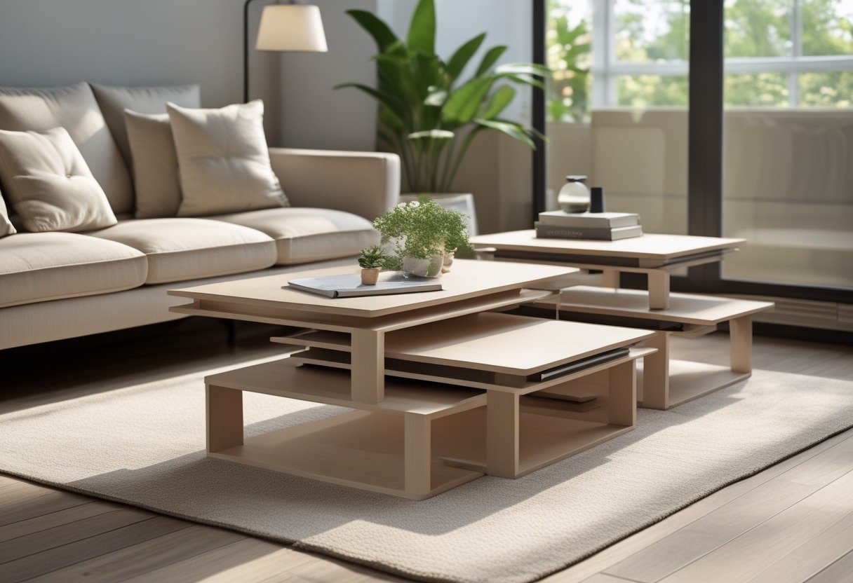 A small living room with nesting coffee tables arranged in different positions, a sofa, plants, and natural light coming through windows.
