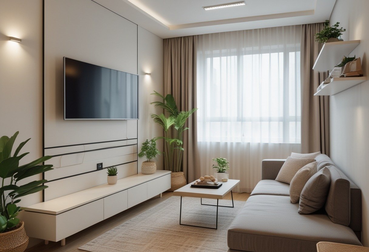 Small living room with a wall-mounted TV and hidden cables, featuring compact furniture and natural light.