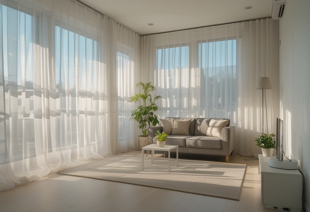 Small living room with sheer layered curtains allowing natural light to fill the space, featuring a sofa, coffee table, and indoor plants.