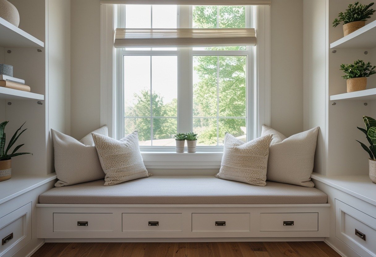 A small living room with a built-in window bench with drawers, cushions, and natural light coming through a large window.