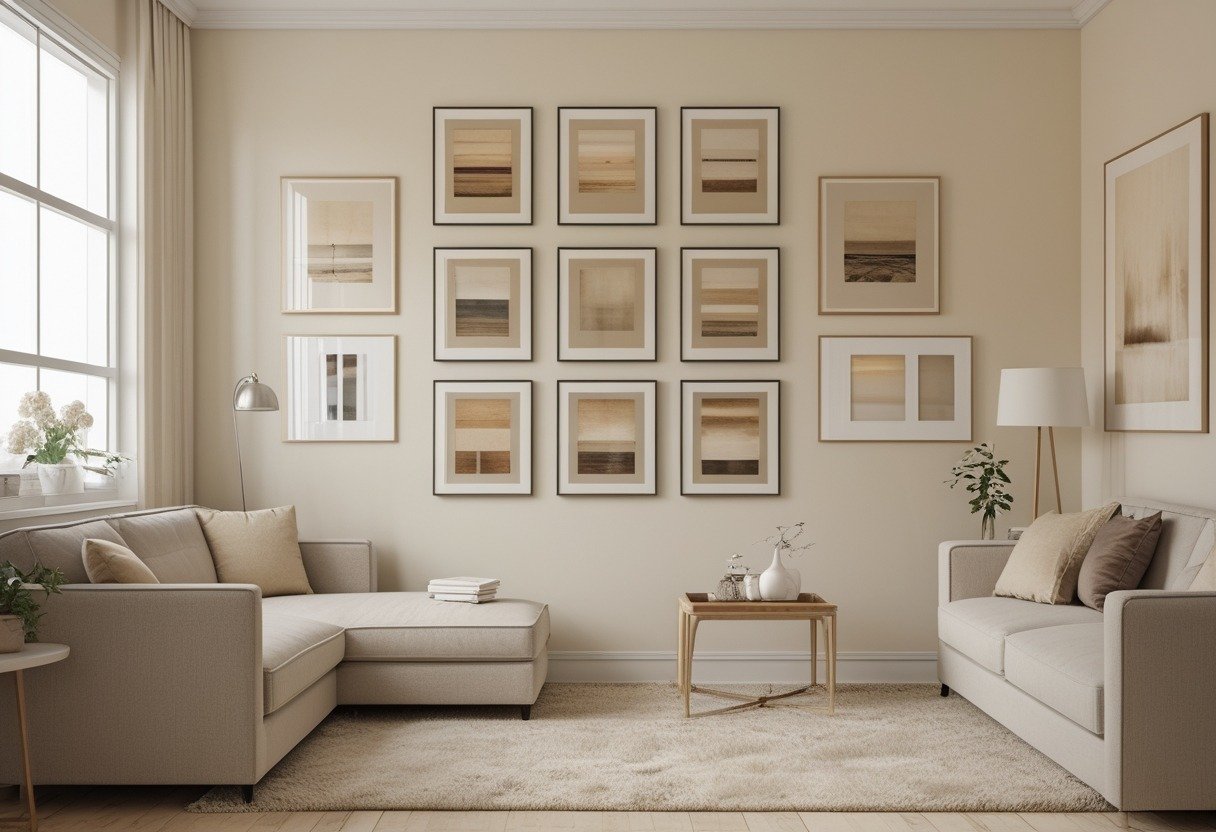 Small living room with a vertical gallery wall of framed artworks in matching colors, a sofa, coffee table, and floor lamp.