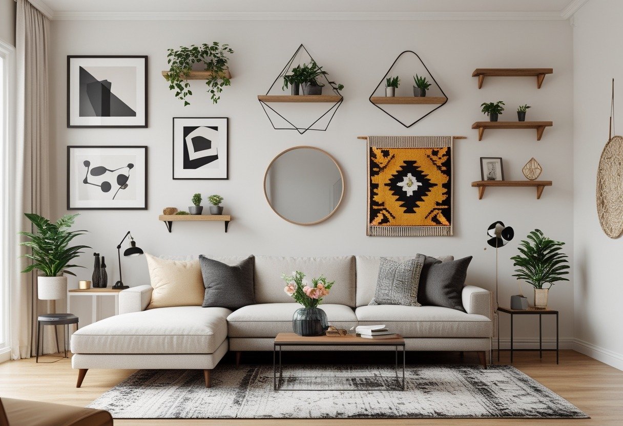 Living room with a couch and ten different wall decorations arranged above it.