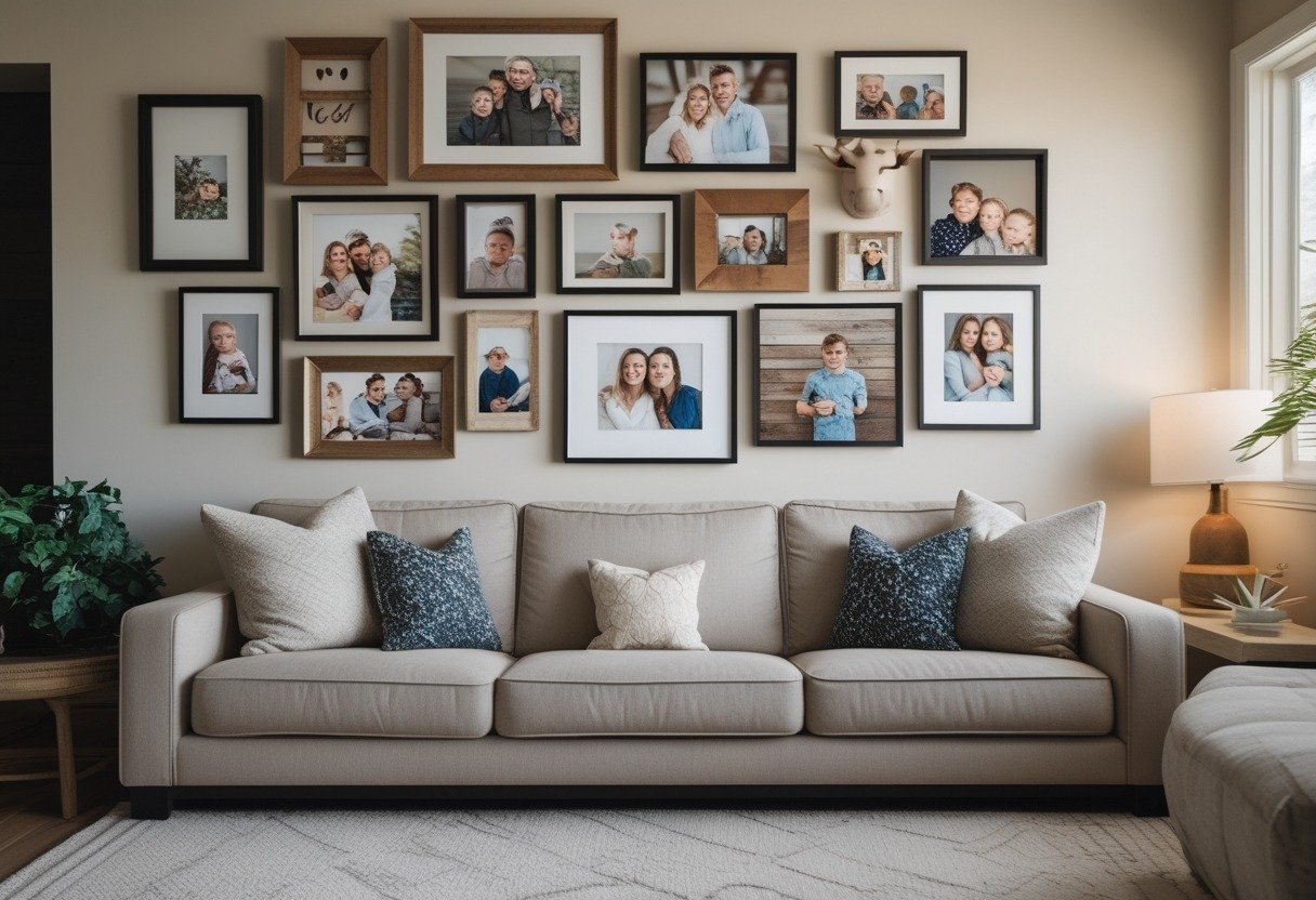 Living room with a couch below a layered gallery wall of mixed-frame family photos.