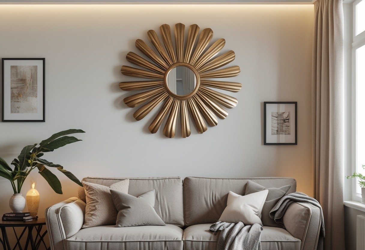Living room with a round sunburst mirror with brass rays hanging above a couch with cushions.