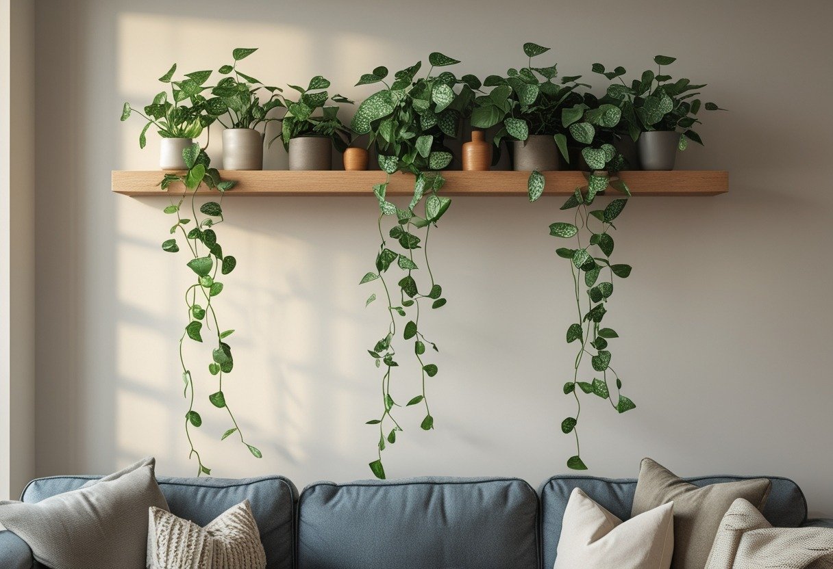 Floating wooden shelf above a couch with trailing green pothos plants and small ceramic decorations on it.