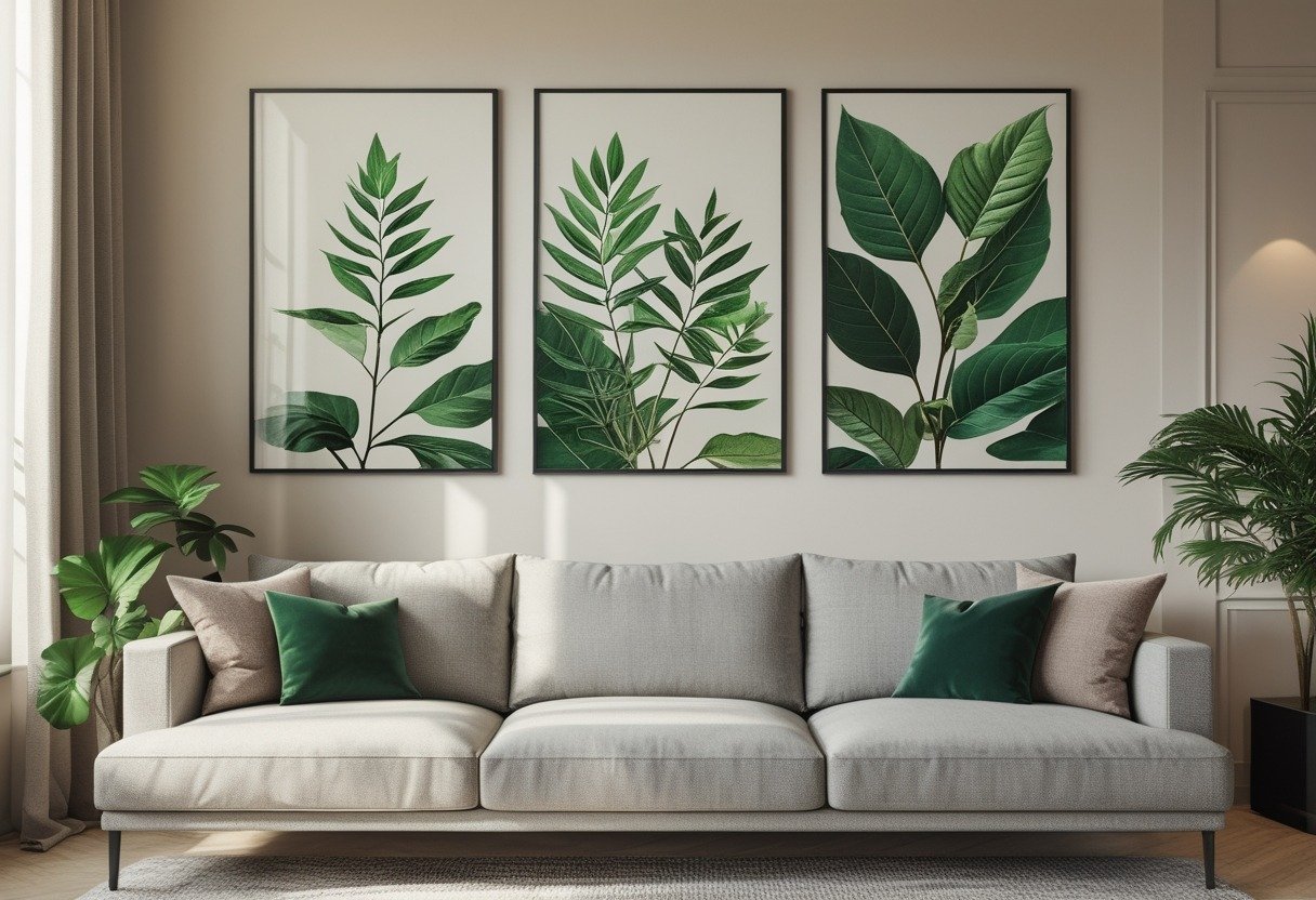 Living room with a couch and three framed botanical prints hanging on the wall above it.