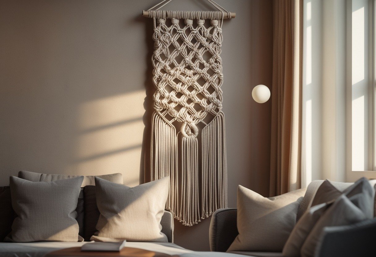 Living room with a woven macramé wall hanging displayed above a couch.
