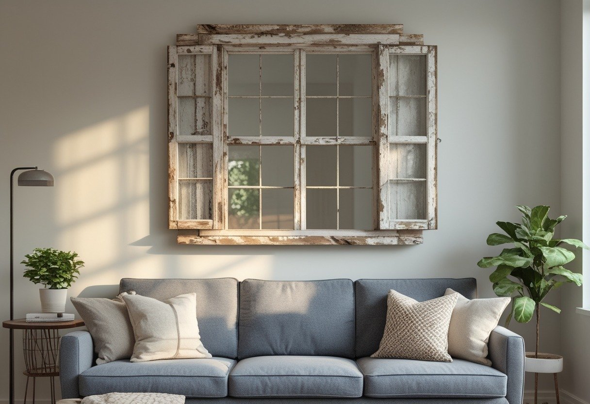Living room with a vintage wooden window frame used as wall art above a couch.