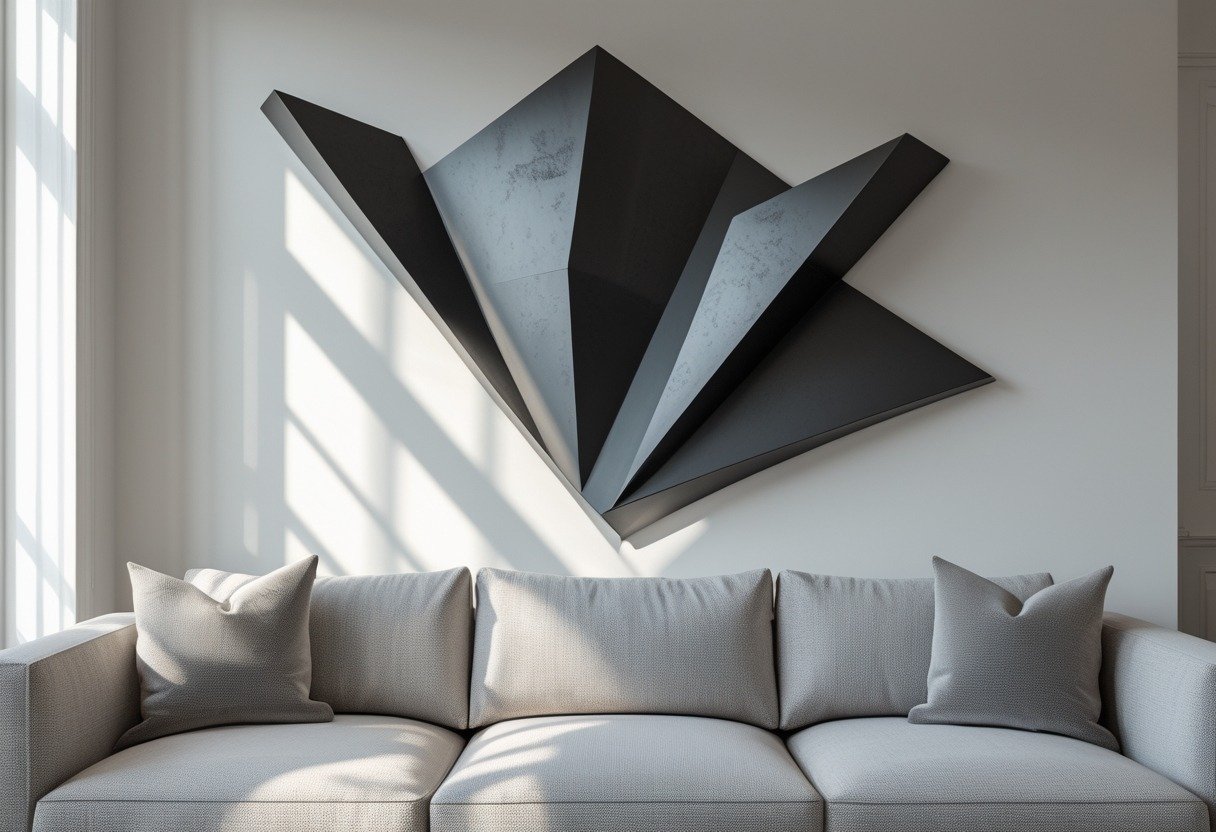 A living room with a large black geometric metal sculpture hanging on the wall above a couch.