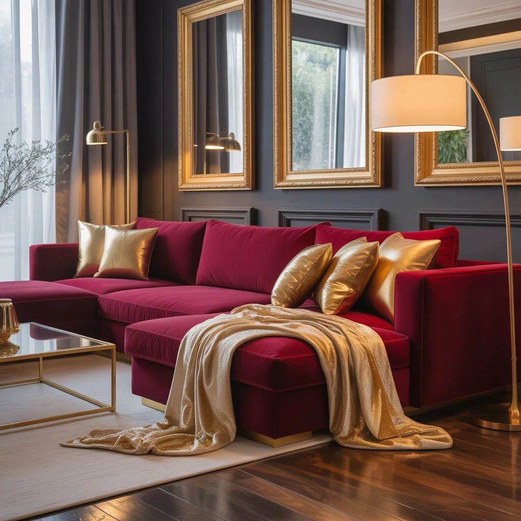 Add Gold Accents for a Glamorous Red Couch Living Room