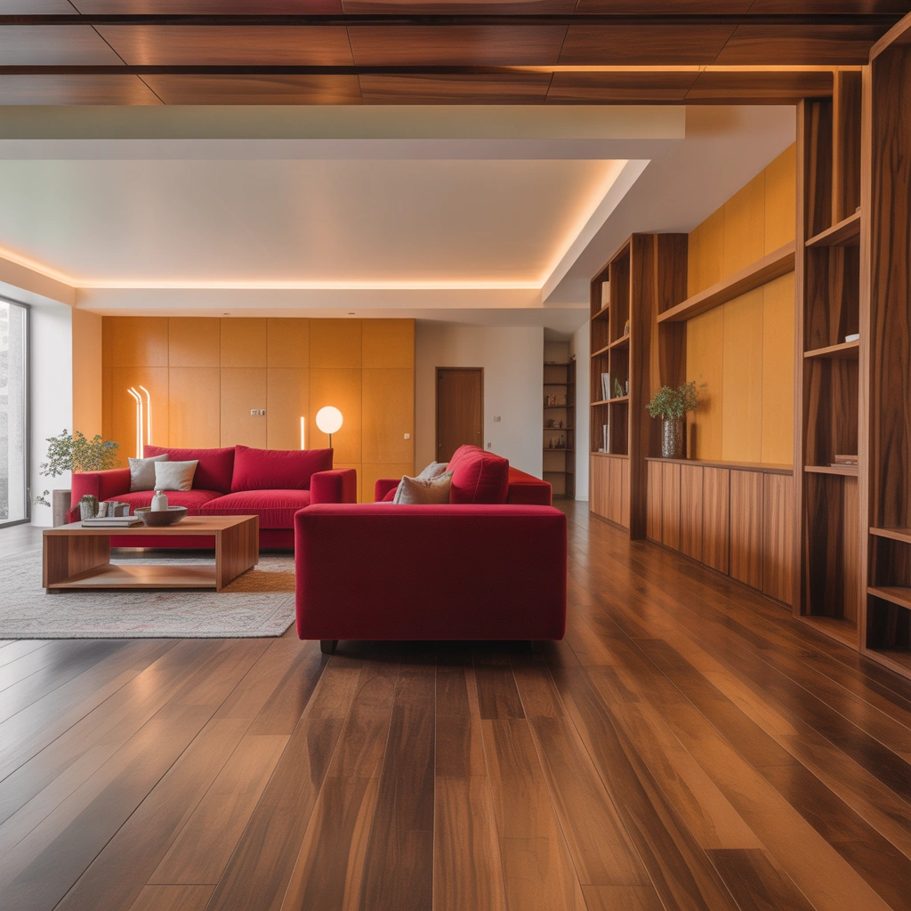 Add Warm Wood Tones for a Cozy Red Sofa Space