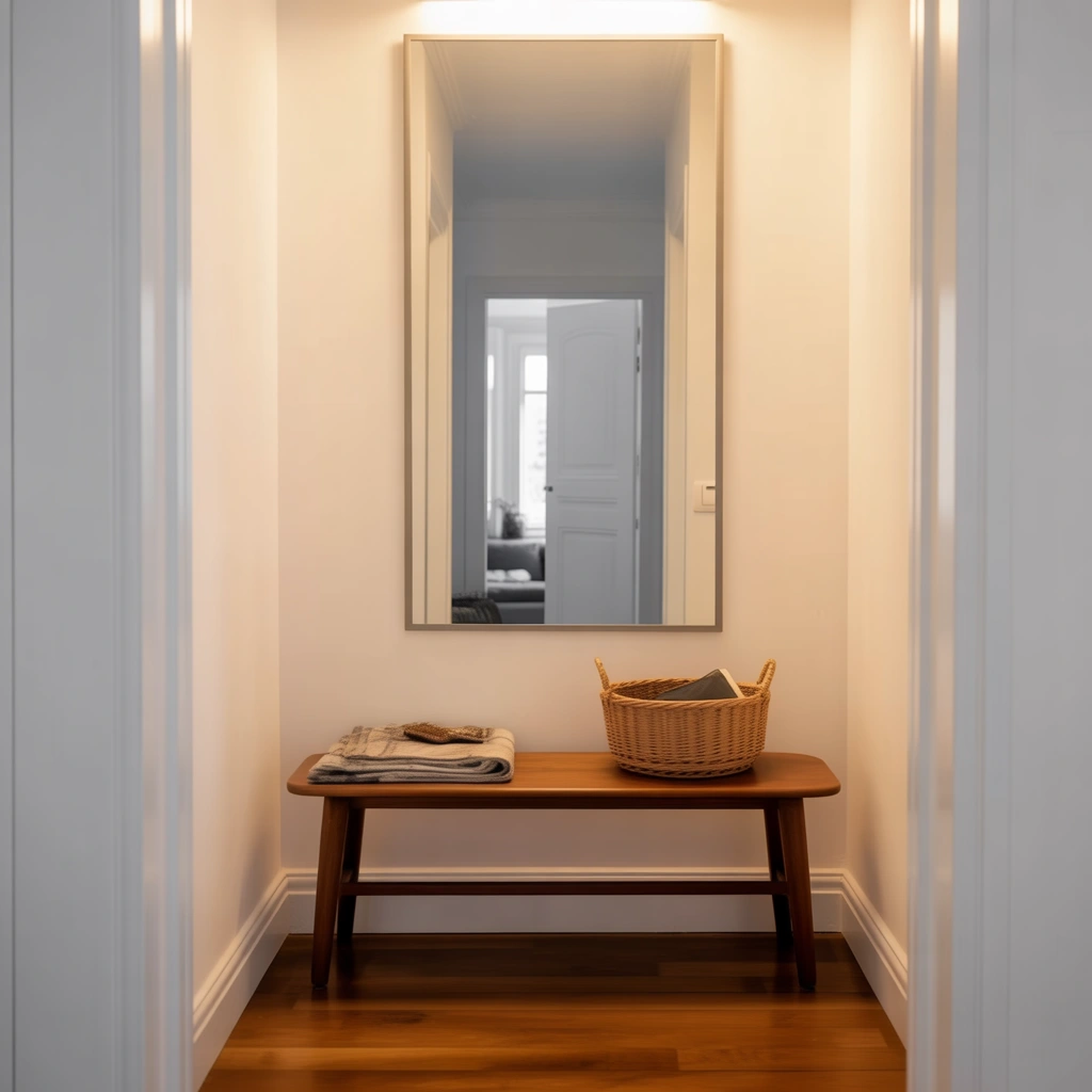 Bench with a Mirror Above to Open Up the Space