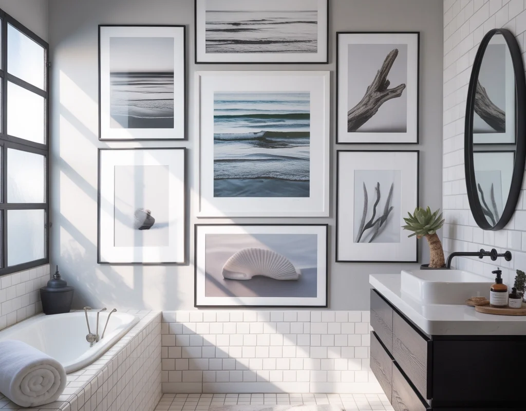 Black and White Coastal Art for a Calm Bathroom Mood