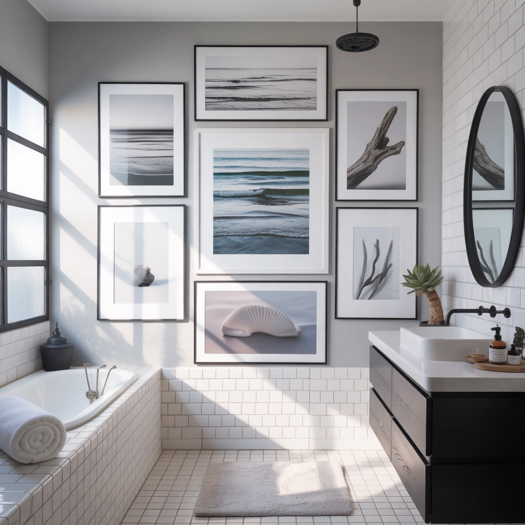 Black and White Coastal Art for a Calm Bathroom Mood